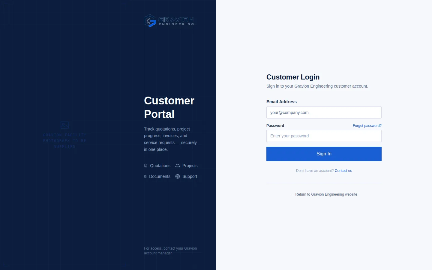 Gravion customer portal sign-in (captured from the platform build)