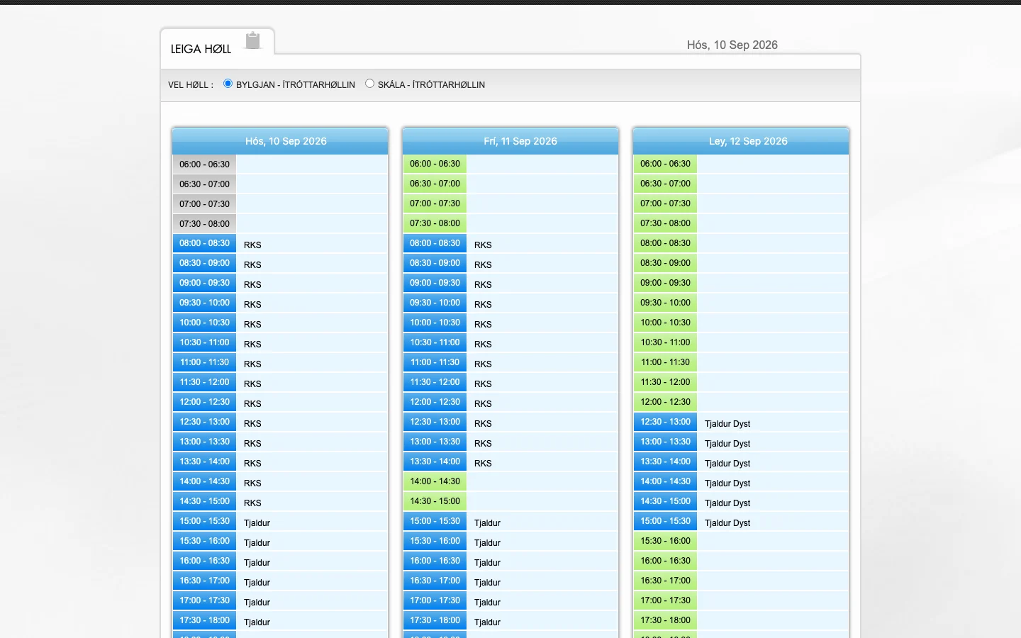 Hallarskipan hall list with a rent-hall link for each hall